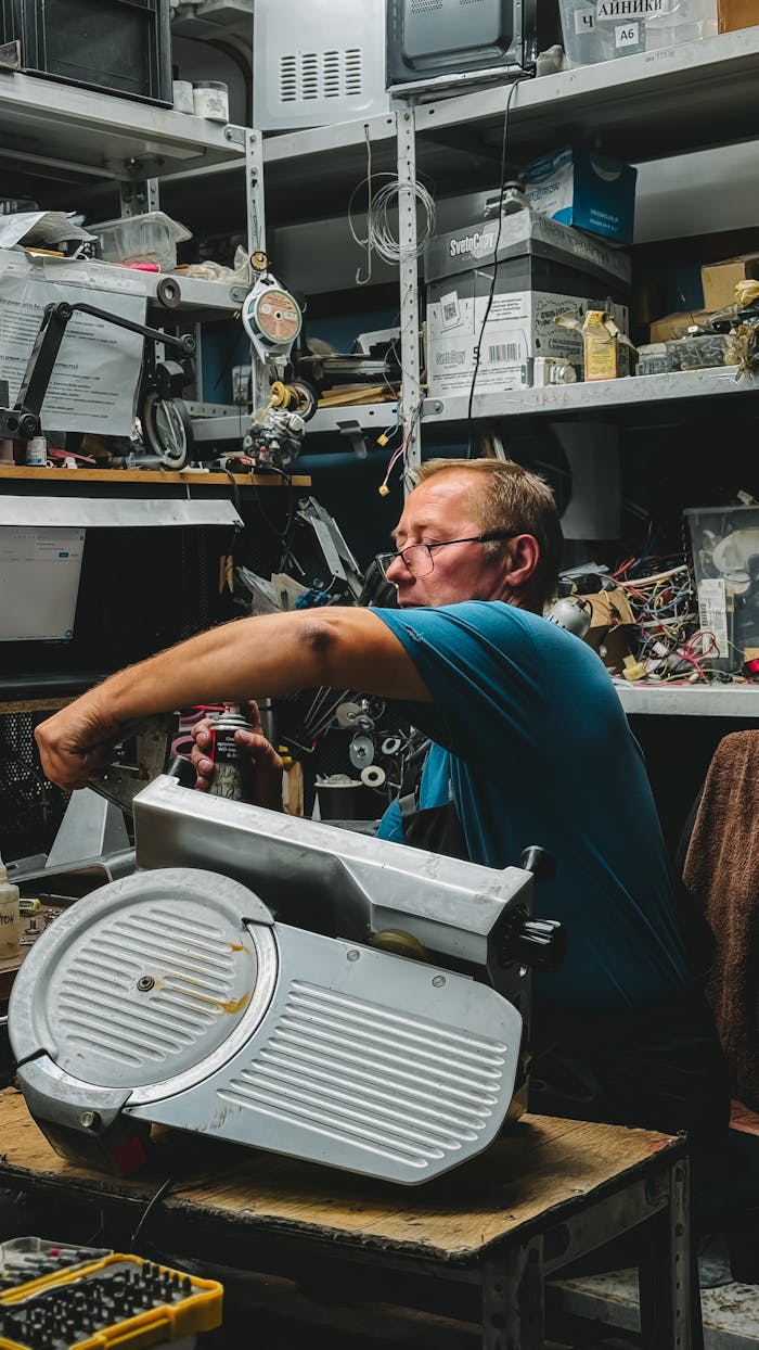 Man repairing electronic equipment in cluttered repair workshop.